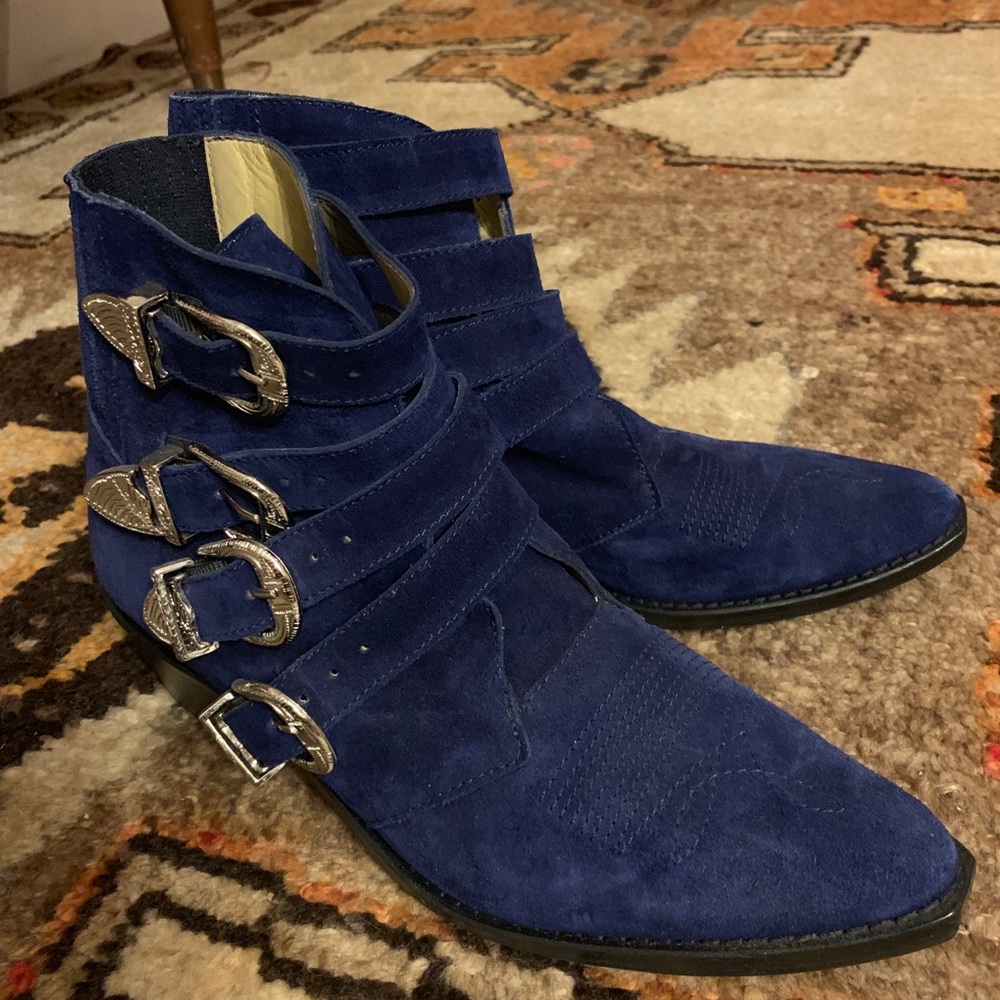 Toga Pulla rare blue suede four buckle boot